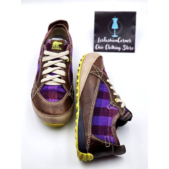 Sorel Women's Purple & Brown Mackenzie Lined Leather Plaid Sneakers Sz 6 379 - Picture 13 of 16